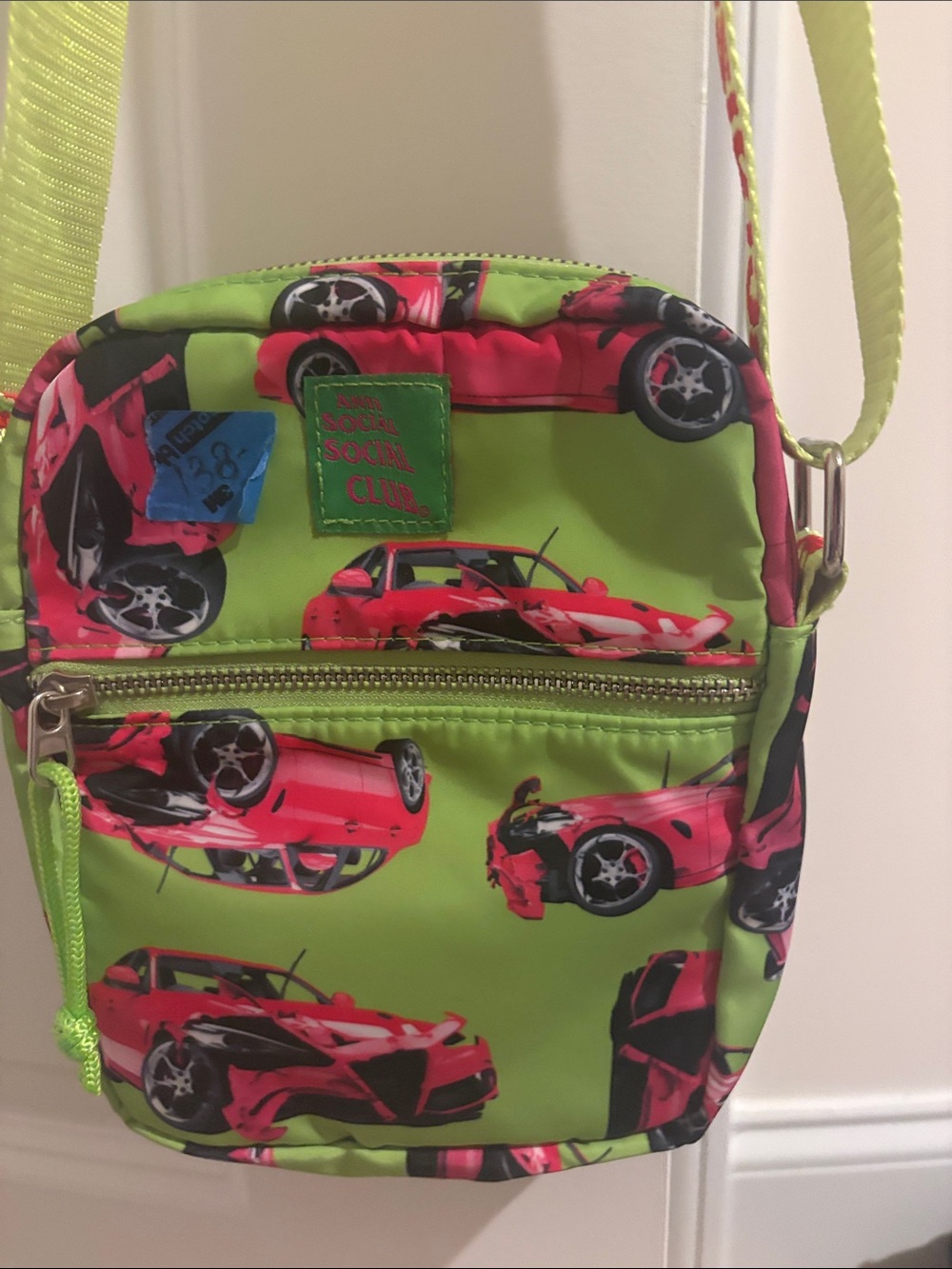 Anti Social Social Club Lime Green and Hot Pink Car Print Crossbody Bag